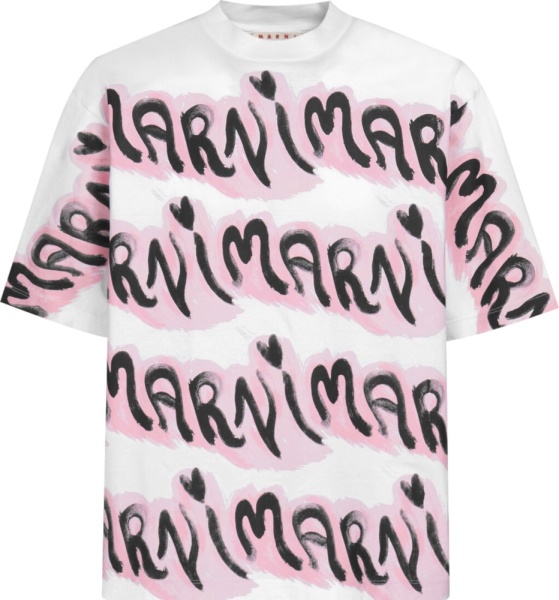 Marni White And Pink Logo Stripe T Shirt