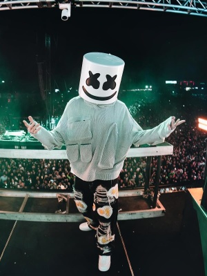 Marshmello Wearing A Who Decides War Grey Knit Hoodie And Black Daisy Flower Patch Jeans
