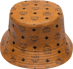 Mcm Brown Monogram Print Leather Bucket Hat