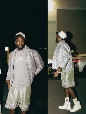 Meek Mill Wearing A Midnight Rodeo Hat Dior Jacket Green Shorts And Rick Owens Sneakers