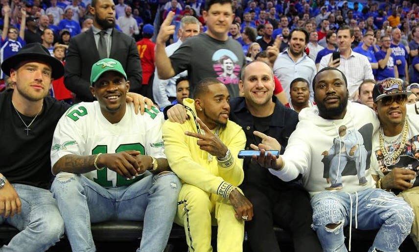 Meek Mill Courtside Wearing Off-White Jeans & a R13 Hoodie