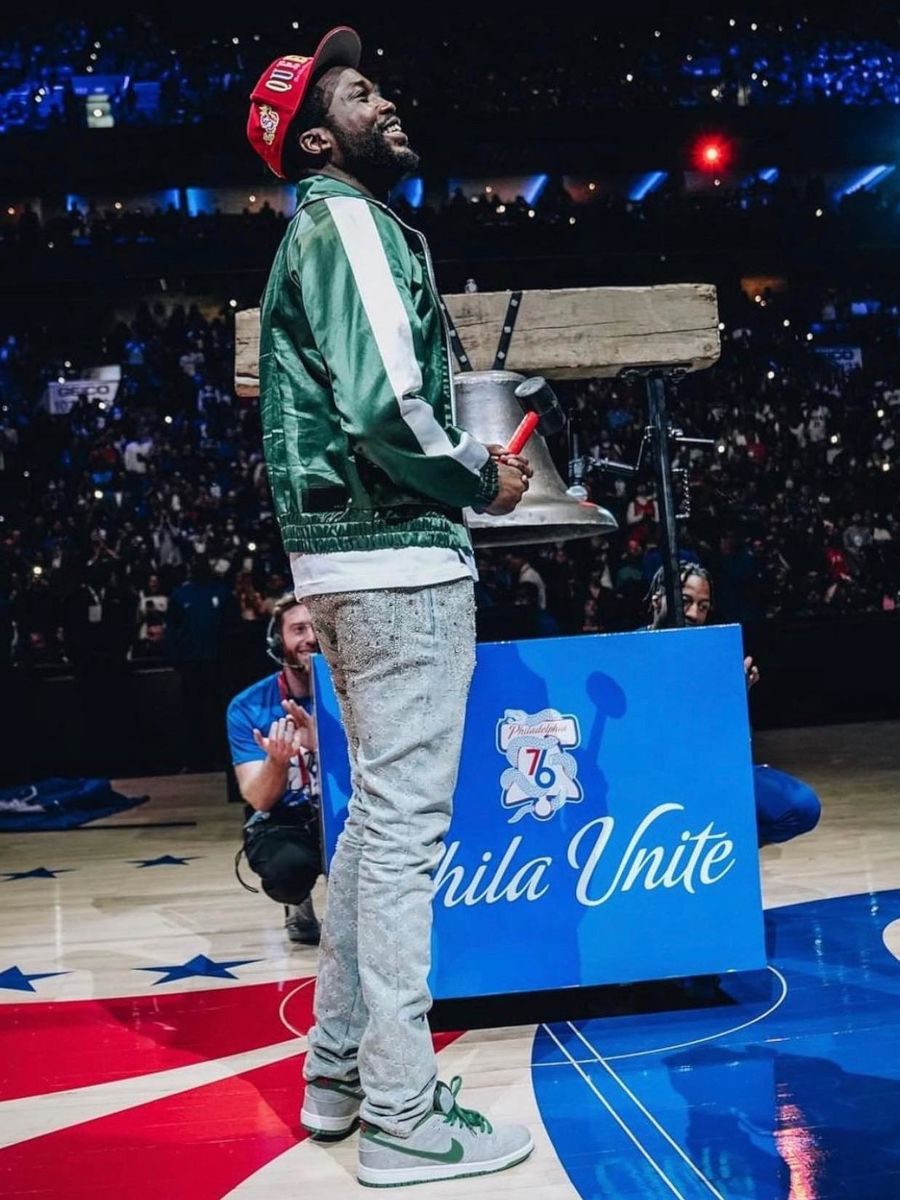 Meek Mill Wearing a Green Satin Track Jacket With Crystal Jeans & Nike Dunk Sneakers