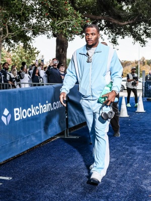 Micah Parsons Wearing Amiri Light Blue Always On Point Track Jacket And Pants With Nike Sneakers
