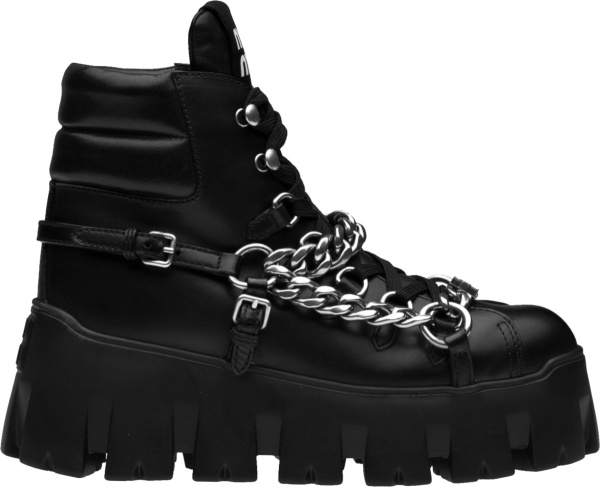 Miumiu Black Leather And Silver Chain Combat Boots
