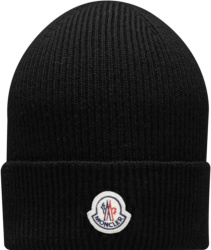 Moncler Black Ribbed Knit Logo Patch Beanie Hat