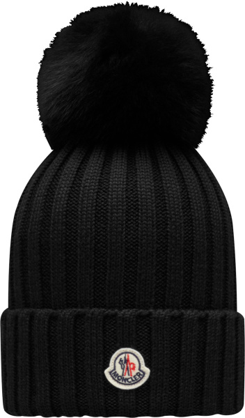 Moncler Black Ribbed Pompom Logo Patch Knit Beanie Hat G20933b70201a9327999