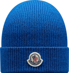 Moncler Bright Royal Blue Ribbed Knit Logo Patch Beanie Hat