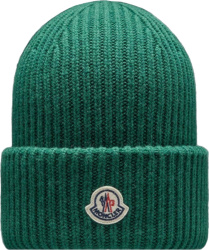 Moncler Dark Green Logo Patch Beanie Hat