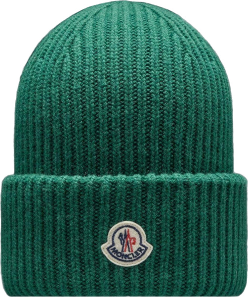 Moncler Dark Green Logo Patch Beanie Hat