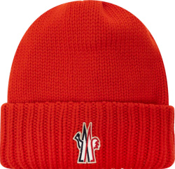 Moncler Grenoble Red Ribbed Cuff Big M Logo Beanie Hat