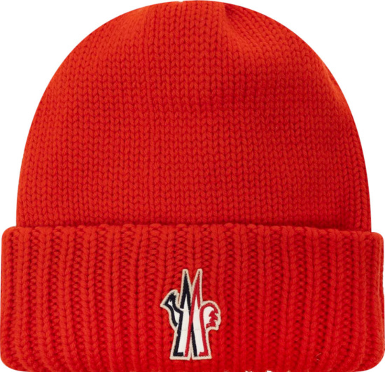 Moncler Grenoble Red Ribbed Cuff Big M Logo Beanie Hat