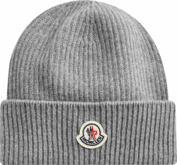 Moncler Grey Ribbed Knit Logo Patch Beanie Hat