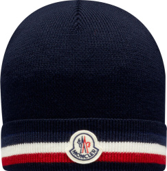 Moncler Navy Blue Tricolor Stripe Logo Patch Beanie Hat