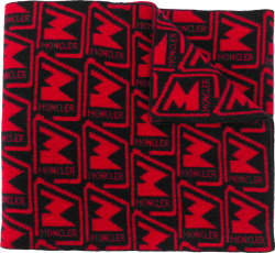Moncler Red Black Logo Jacquard Scarf