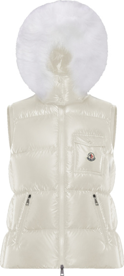 Moncler White And Fur Hood Puffer Vest