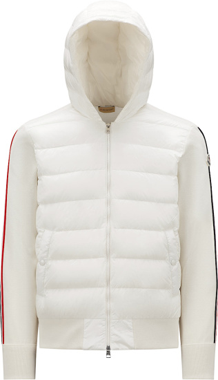 Moncler White Down And Knit Tricolor Stripe Zip Hoodie
