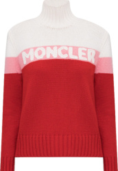 Moncler White Pink Red Colorblock Logo Knit Turtleneck Sweater