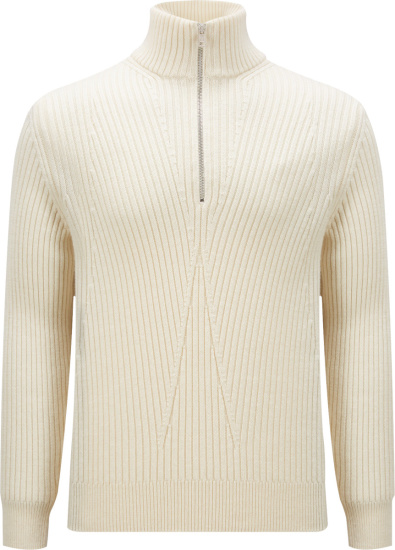 Moncler White Ribbed Knit Quarter Zip Sweater