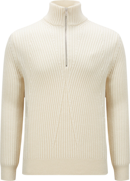 Moncler White Ribbed Knit Quarter Zip Sweater