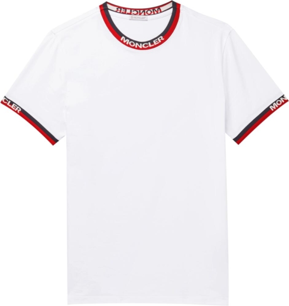 Moncler White T Shirt With Blue And Red Striped Trim