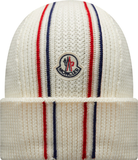 Moncler White Tricolor Double Stripe Beanie Hat