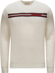 Moncler White Waffle Knit Tricolor Logo Stripe Sweater