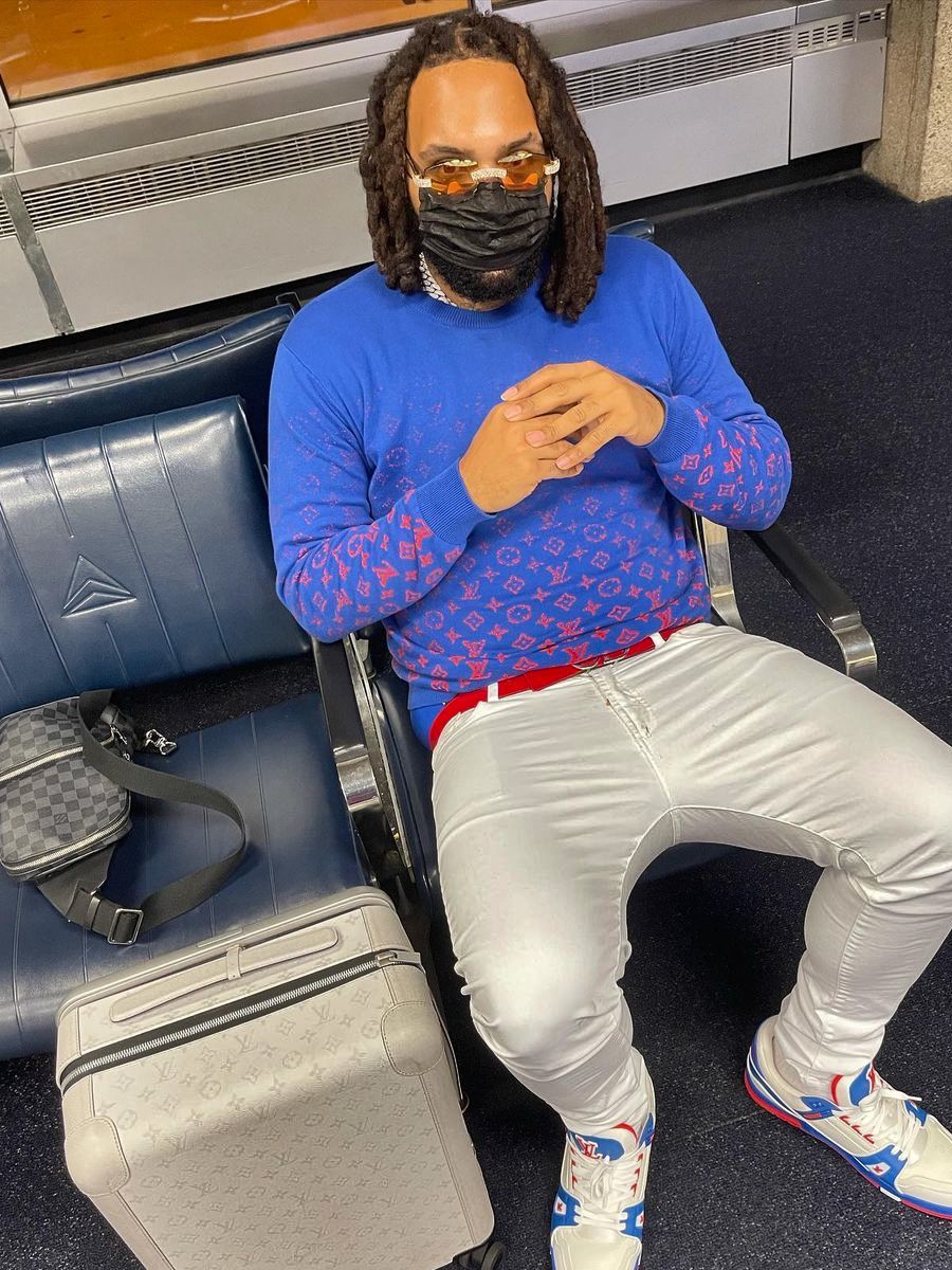 Money Man Wearing a Blue Louis Vuitton Sweater With Matching Sneakers & Bags