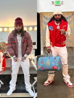 Money Man Wearing A Moncler Beanie With Lvxyk Varsity Jacket And Bag And Red Lv Trainer Sneakers