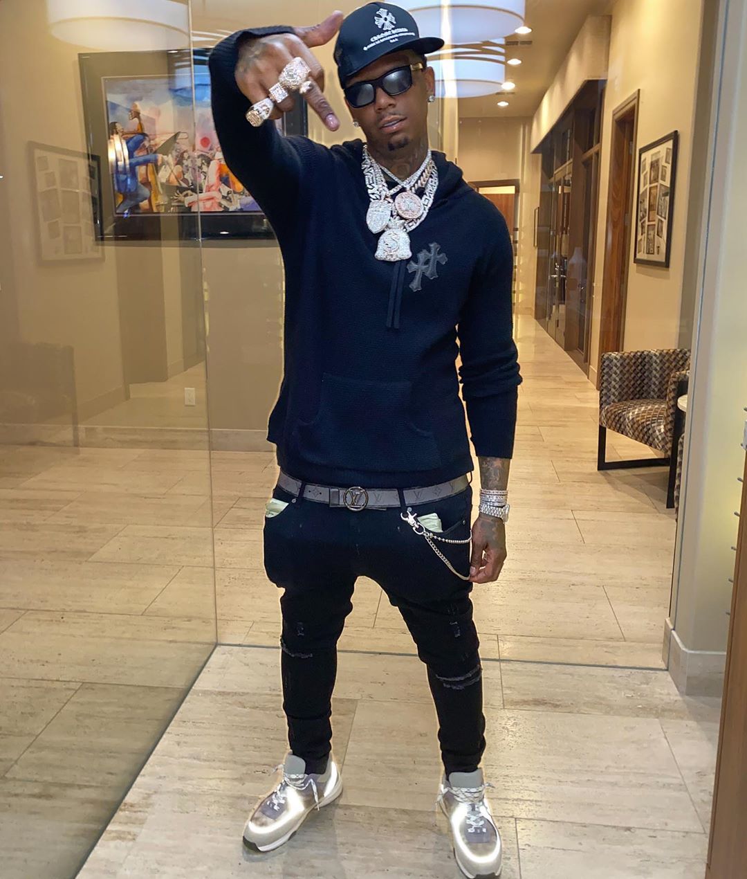 Moneybagg Yo Shows Off His Black & Grey Chrome Hearts, LV, & Chanel 'Fit