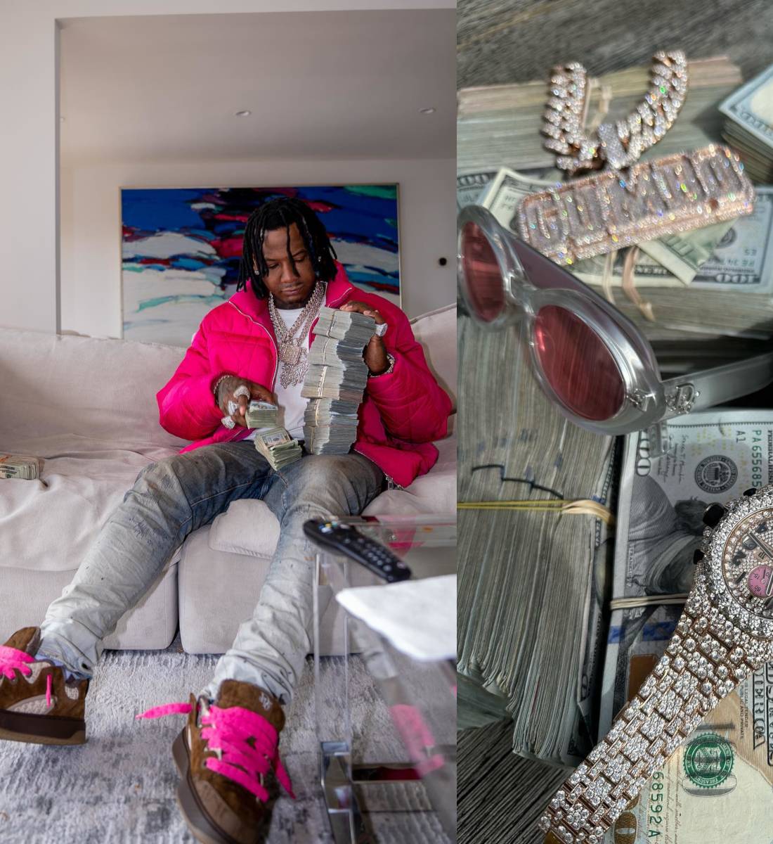 Moneybagg Yo Flexes His Jewelry In Pink & Brown Dior x ERL Outfit