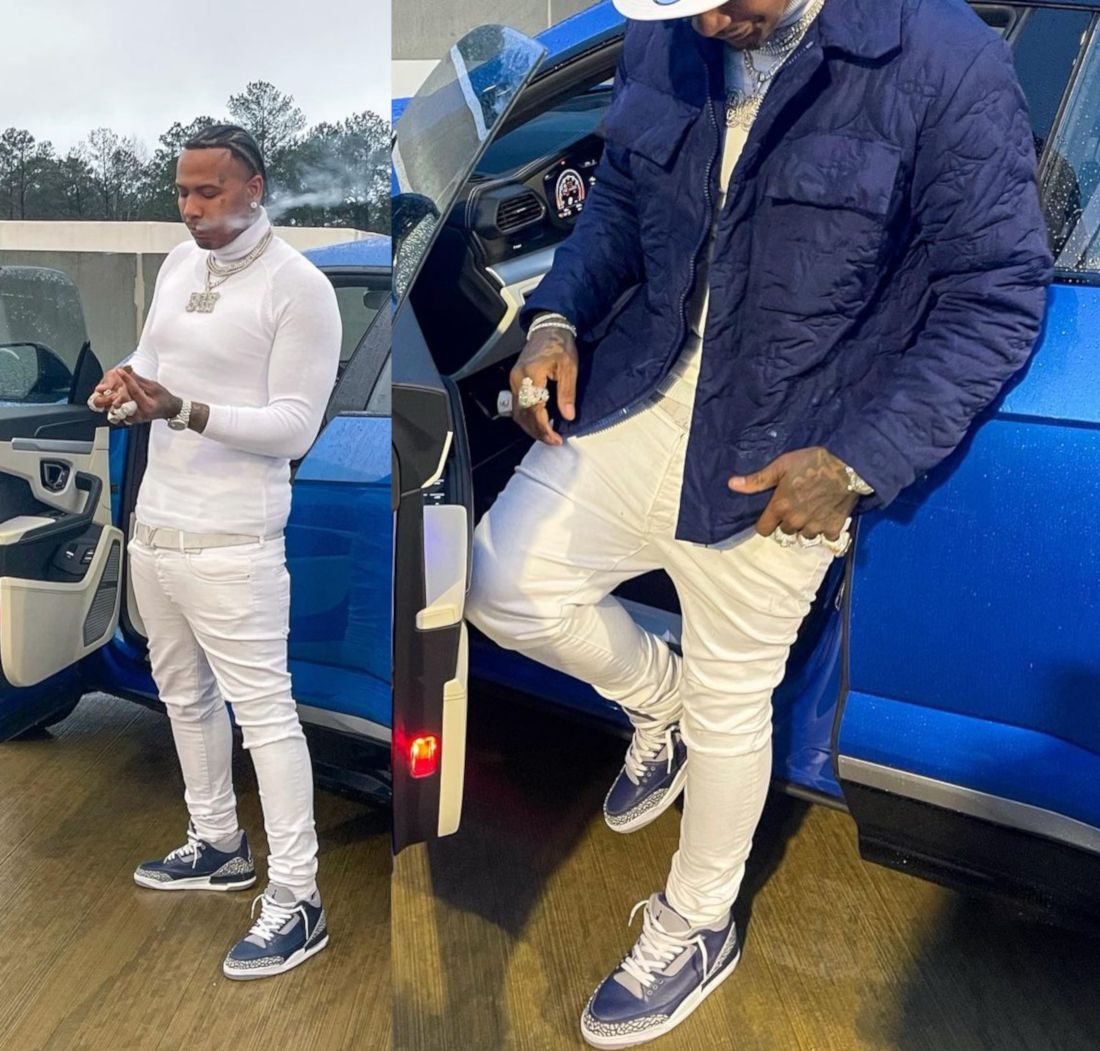 Moneybagg Yo Wearing a White & Blue Louis Vuitton Outfit