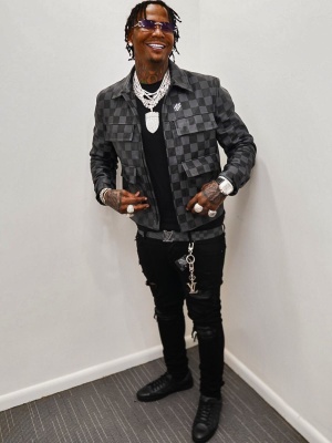 Moneybagg Yo Wearing A Louis Vuitton Damier Jacket Damier Belt Black Jeans And Damier Sneakers