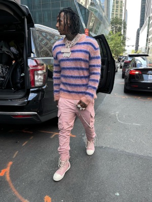 Moneybagg Yo Wearing A Marni Pink Sweater With Rick Owens Pink Pants And Sneakers