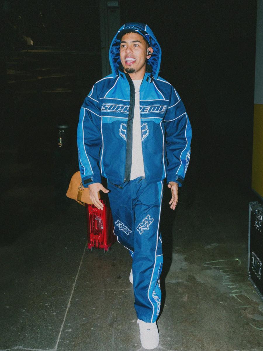 Myke Towers: Full Supreme x Fox Racing Blue Colorblock Outfit