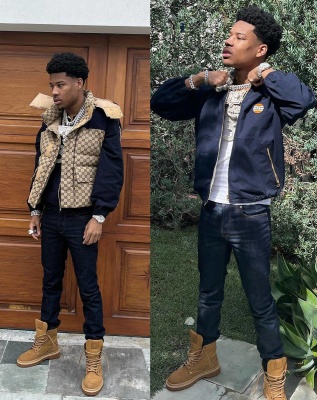 Nardo Wick Wearing A Gucci Beige Gg Puffer Vest With A Navy Zip Jacket And Louis Vuitton Combat Boots