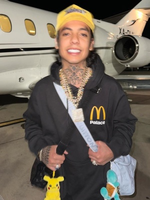 Natanael Cano Wearing A Palace Mcdonalds Hoodie With A Louis Vuitton White Padded Bag And Canvas Monogram Messenger Bag