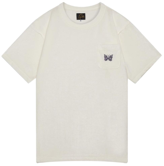 Needles Papillion White T Shirt With Purple Chest Pocket Logo