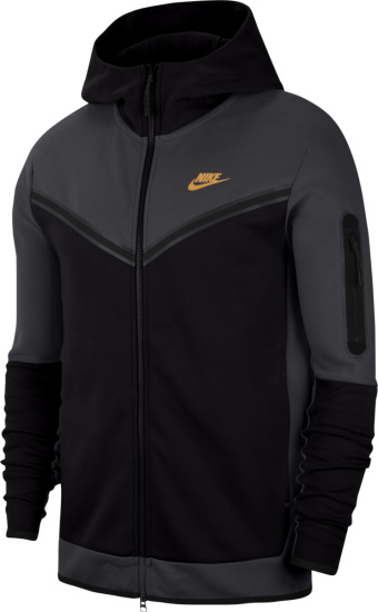 Nike Dark Grey Black And Gold Sportswear Tech Fleece Zip Hoodie Dv0537 070