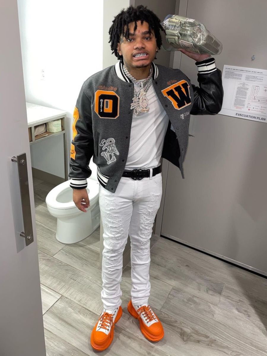 NoCap Wearing an Off-White Varsity Jacket With Matching McQUEEN Sneakers |  Incorporated Style