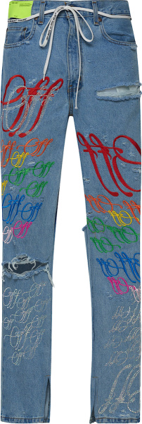 Off White Blue Distressed And Rainbow Logo Drawstring Jeans