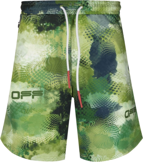 Off White Green Abstract Camo Shorts