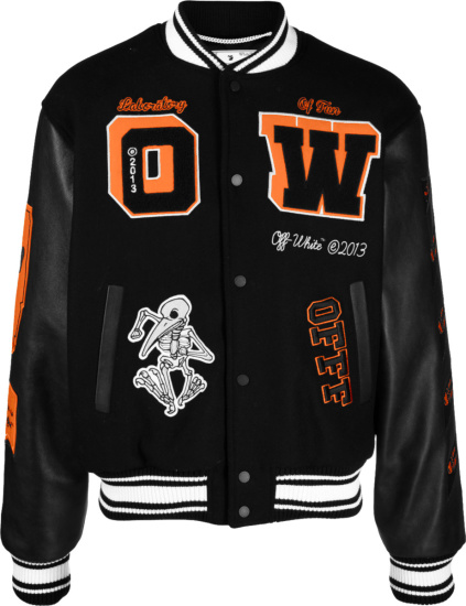 Off-White Black & Orange 'Skeleton Bird' Varsity Jacket | Incorporated Style