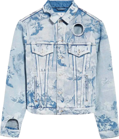 Off White Light Blue Floral Print Cut Out Denim Jacket