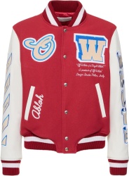 Off White Red And White Sleeve Ow Patch Varsity Jacket