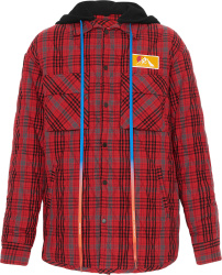 Off White Red Plaid Flannel Padded Hooded Overshirt