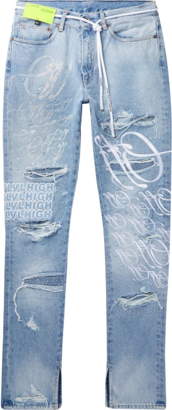 Off White X Ev Bravado Light Blue Crystal Embellished And Logo Embroidered Jeans