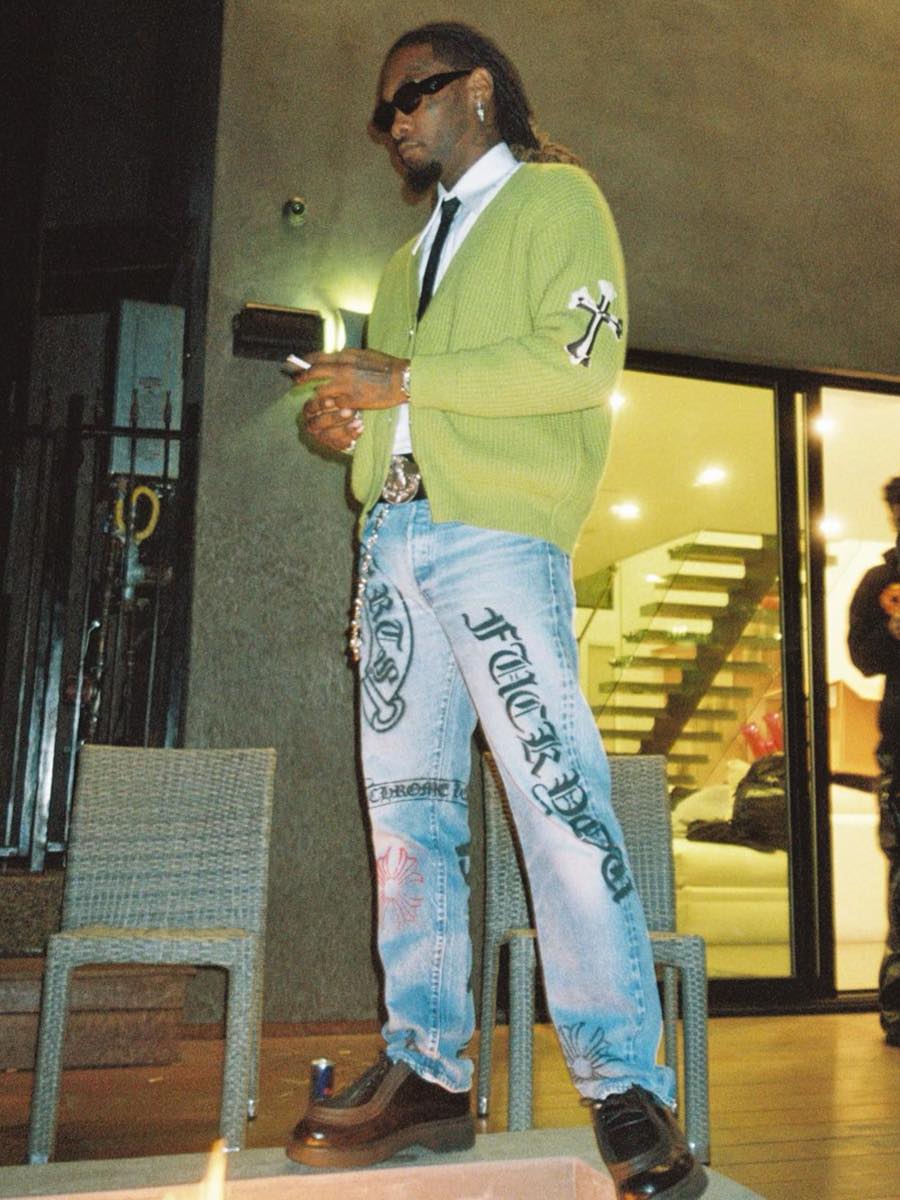 Offset: Chrome Hearts Cardigan and Logo Print Jeans + Prada Leather Shoes