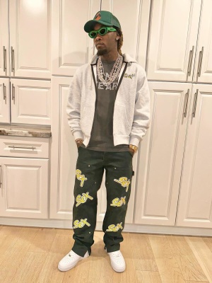 Offset Wearing A Denim Tears Zip Hoodie And T Shirt With Chrome Hearts Sex Pants And Nike Af1s
