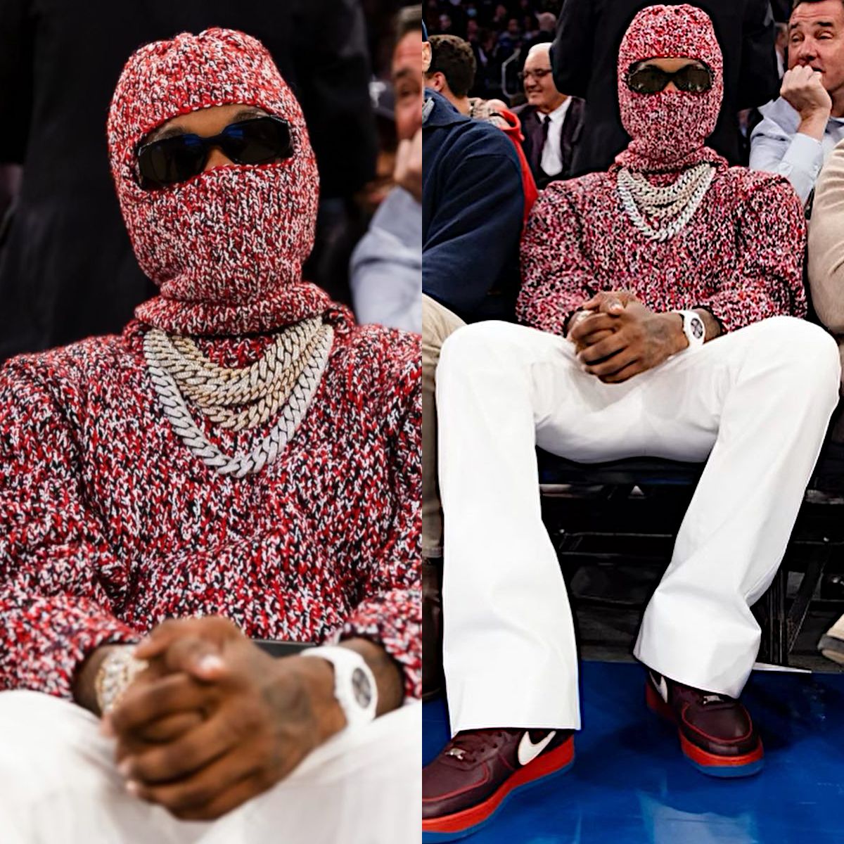 Offset Wearing a Maison Margiela Balaclava & Sweater With an AP Watch & Nike High-Top AF1s