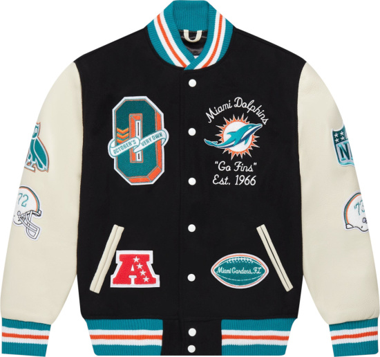 Ovo X Miami Dolphins Black And White Varsity Jacket